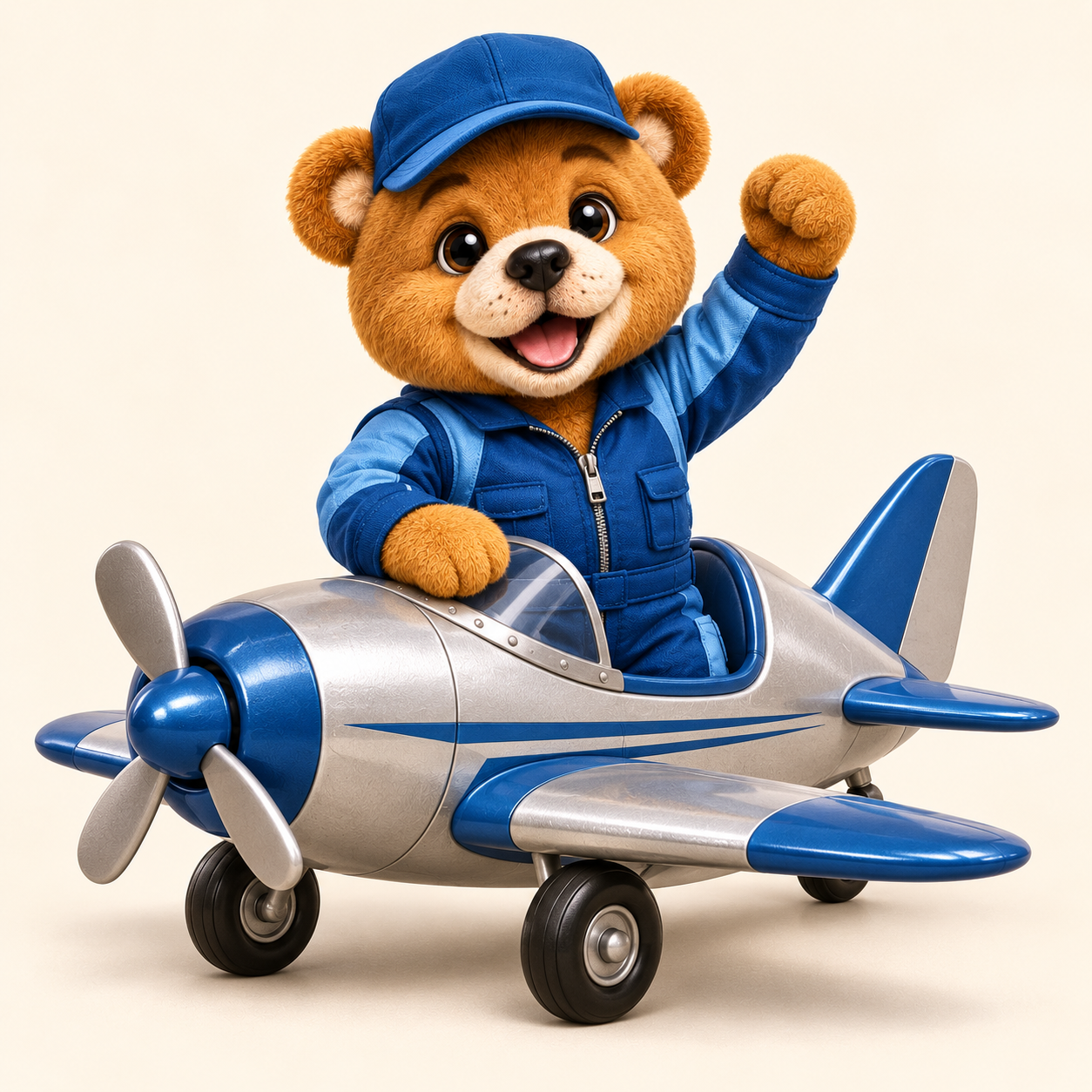 Skyler the Air Force Bear flying a small airplane.