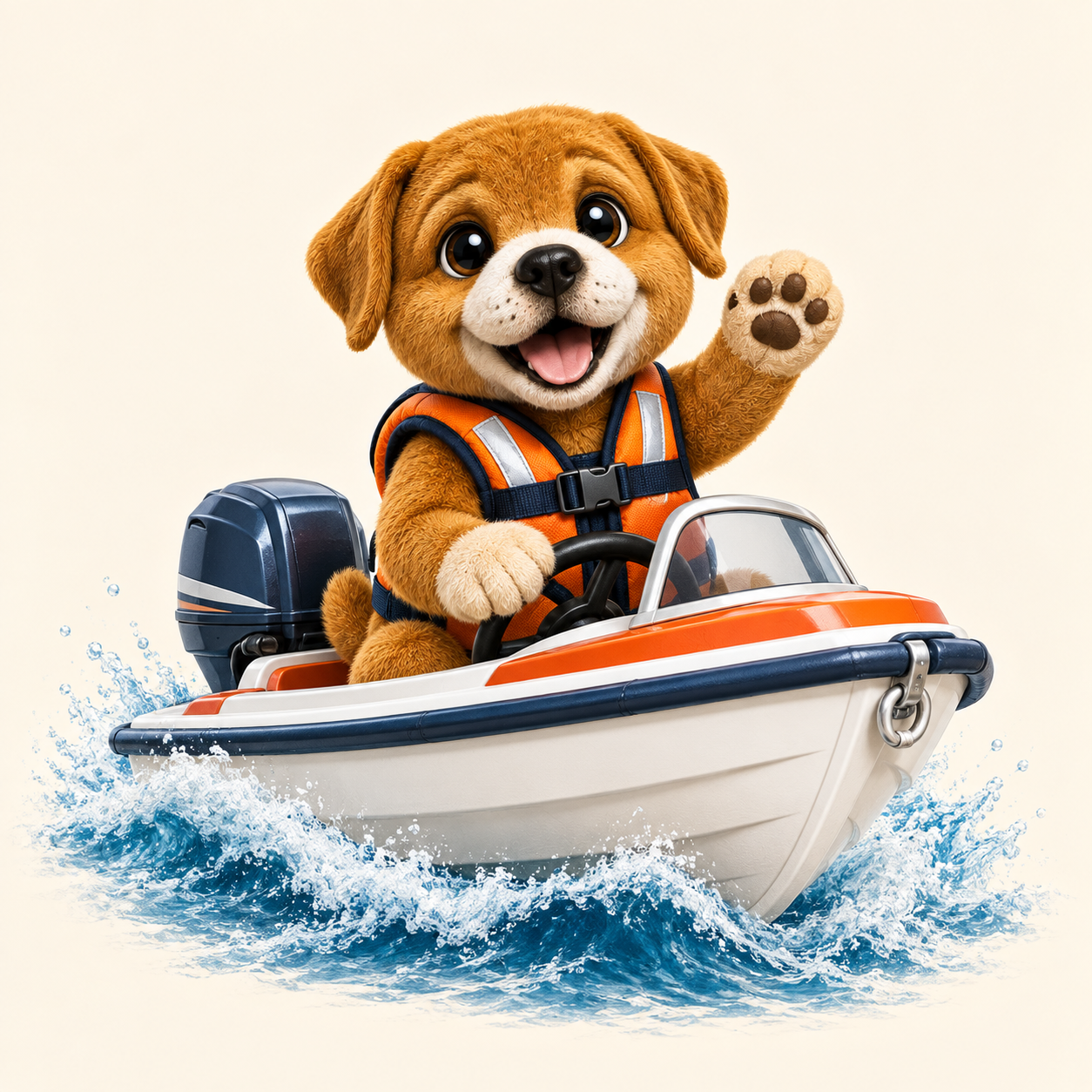 Harbor the Coast Guard Pup ready to help from a rescue boat.