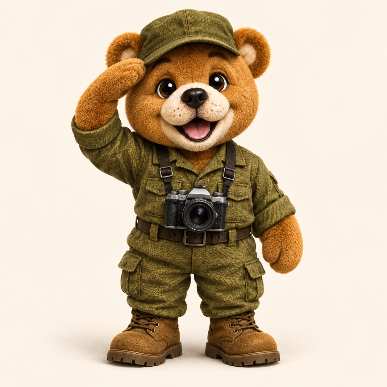 Liberty the Bear saluting with her camera.