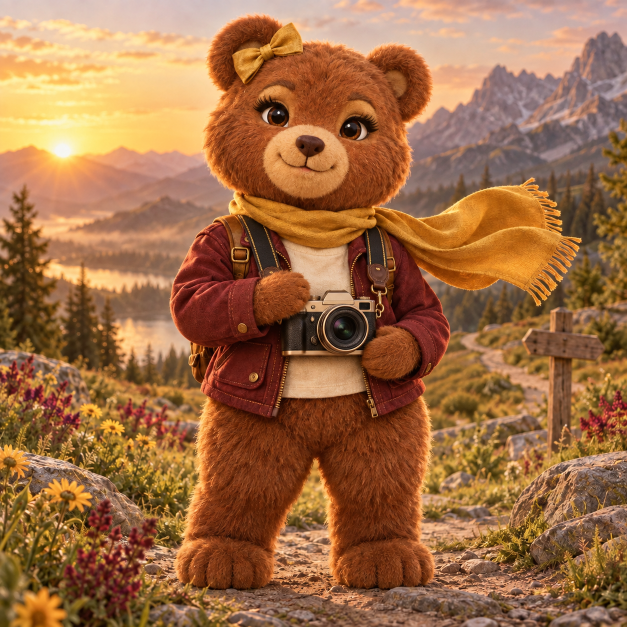 Liberty the Bear holding a camera and saluting in her Army-inspired outfit.