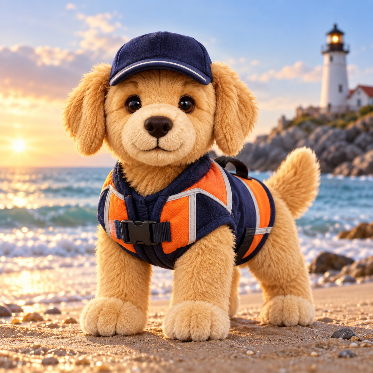 Harbor the Pup in a Coast Guard-inspired life vest with a lighthouse behind him.