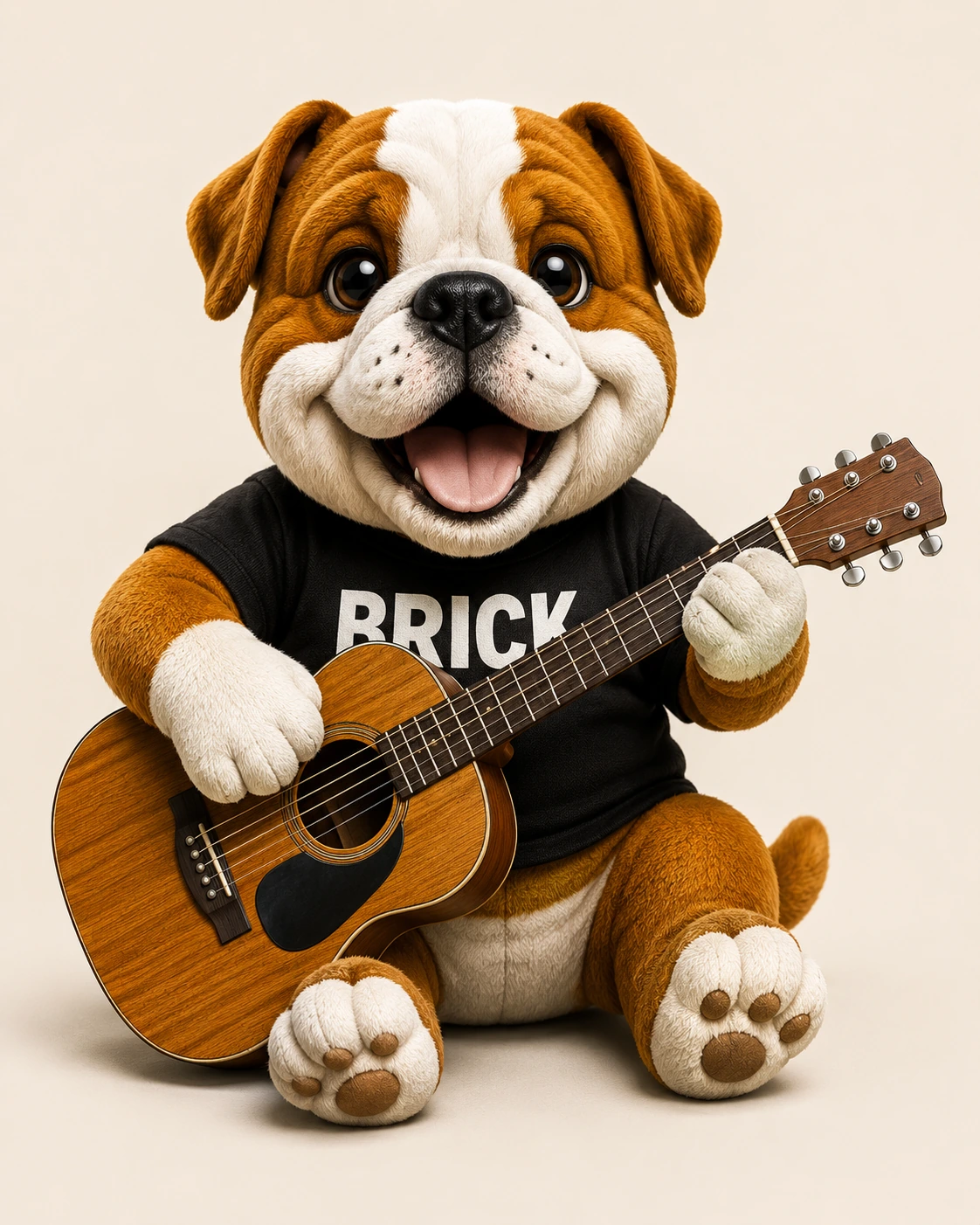 Brick the Bulldog holding his guitar.