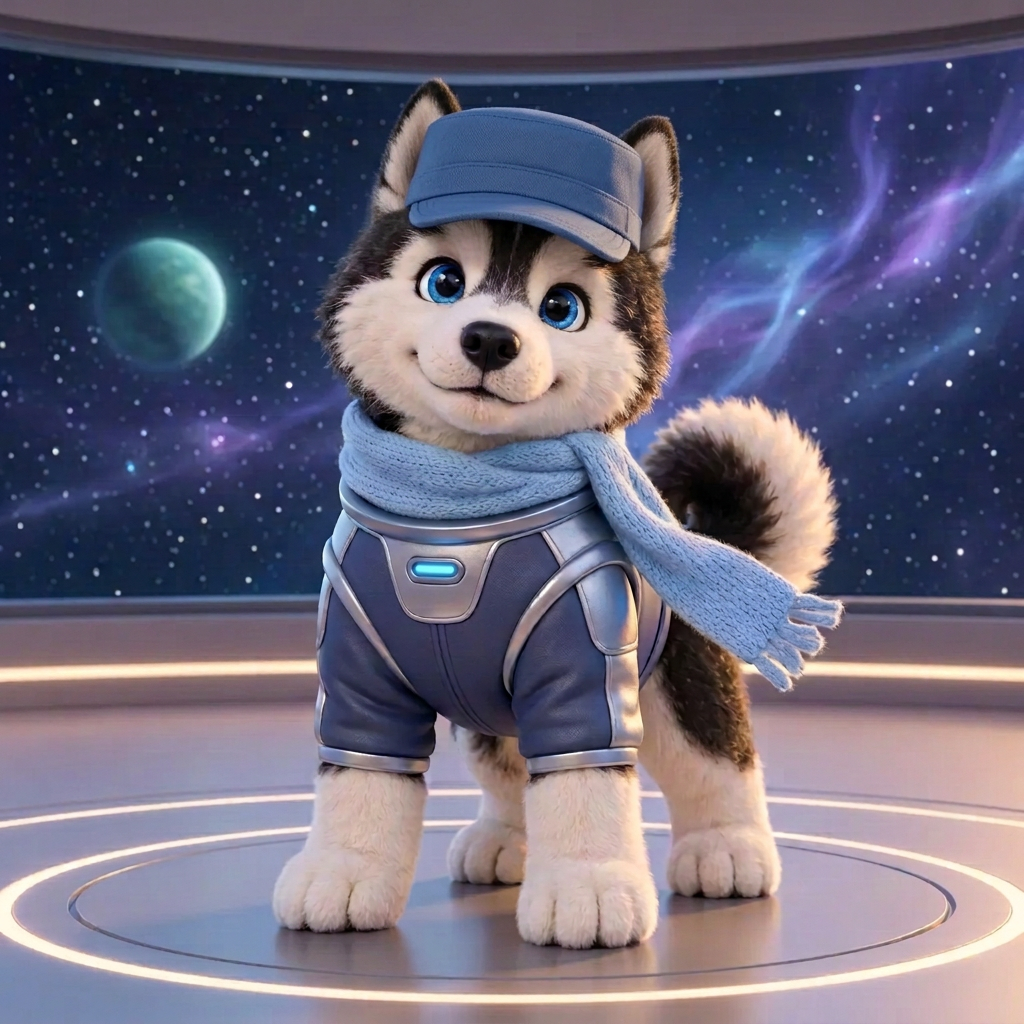 Nova the Pup wearing a plain blue patrol cap and space-inspired jacket on a futuristic observation deck.